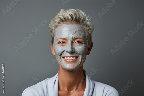 Portrait of beautiful adult woman with beauty facial mask on gray background - Generative AI