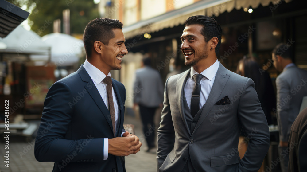 close-up male Mexicans wearing suit handsome and smile talking with friend holding coffee cup close-up male Mexicans wearing suit handsome and smile talking with friend holding coffee cup