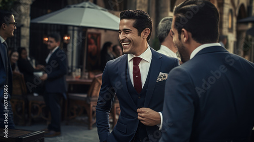 close-up male Mexicans wearing suit handsome and smile talking with friend holding coffee cup