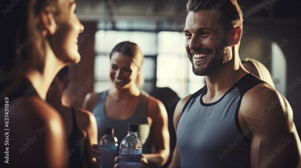 male and female talking relax with friends after workout in the gym - obrazy, fototapety, plakaty 