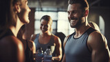 male and female talking relax with friends after workout in the gym