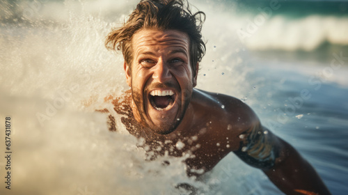 Close-up professional surfer riding waves on the sea © EmmaStock