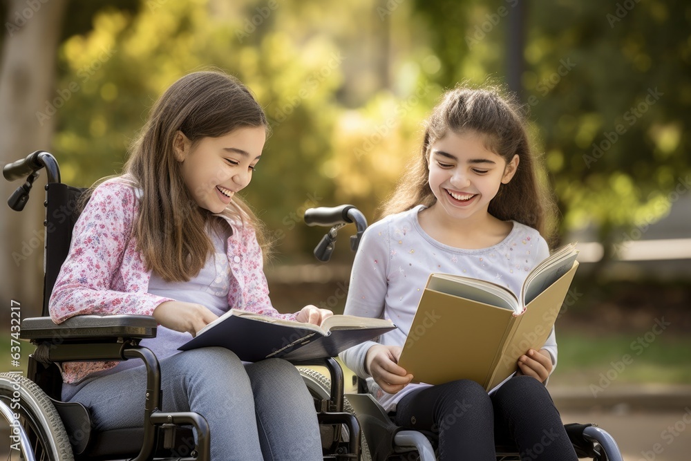 A girl in a wheelchair and her friend are engaged in studying and joyful communication among the beauty of nature. A girl in a wheelchair and her friend are engaged in studying and joyful communication among the beauty of nature.