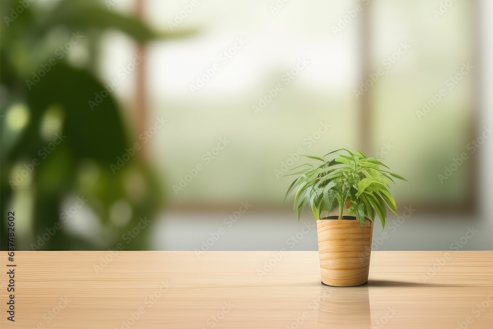 Fototapeta premium Empty wooden table product stage for promotion behind blurred living room with green plant 