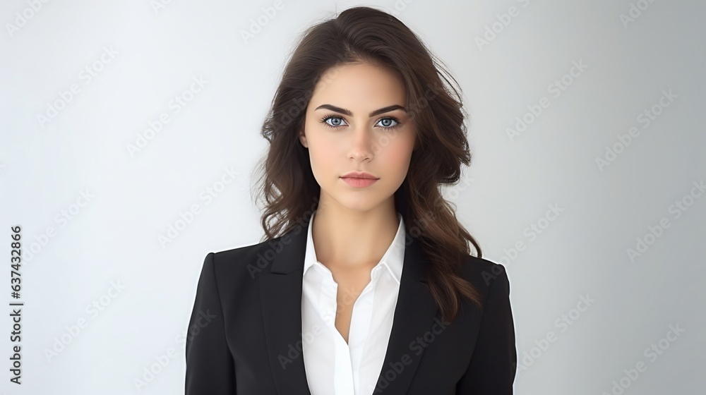 Portrait of young successful business woman looking at the camera shot. Studio light style compose. White background Portrait of young successful business woman looking at the camera shot. Studio light style compose. White background