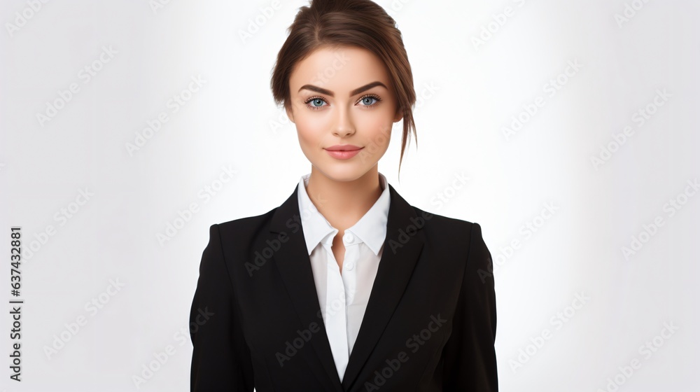 Portrait of young successful business woman looking at the camera shot. Studio light style compose. White background Portrait of young successful business woman looking at the camera shot. Studio light style compose. White background