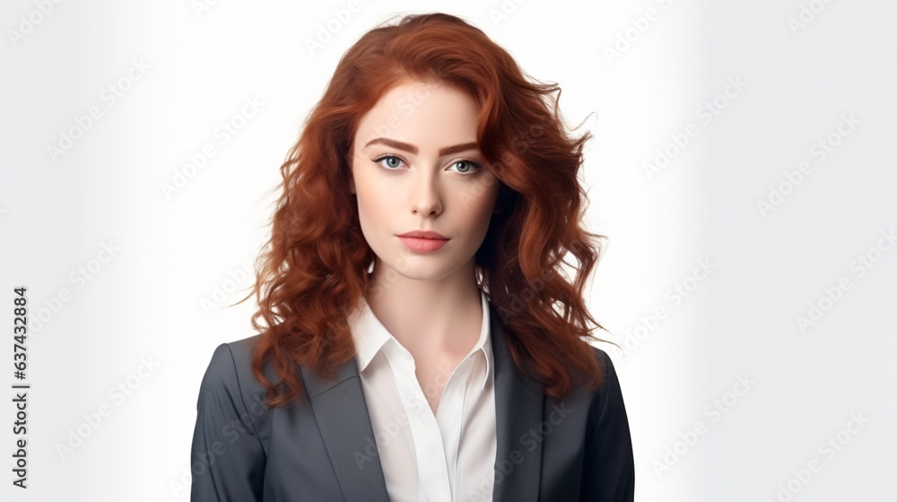 Portrait of young successful business woman looking at the camera shot. Studio light style compose. White background Portrait of young successful business woman looking at the camera shot. Studio light style compose. White background