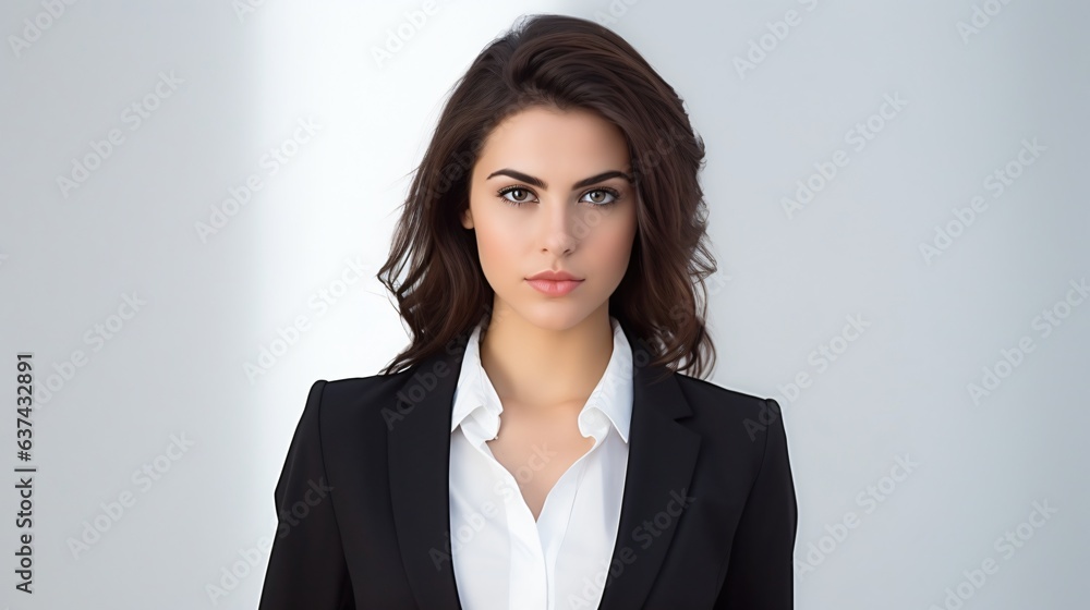 Portrait of young successful business woman looking at the camera shot. Studio light style compose. White background Portrait of young successful business woman looking at the camera shot. Studio light style compose. White background