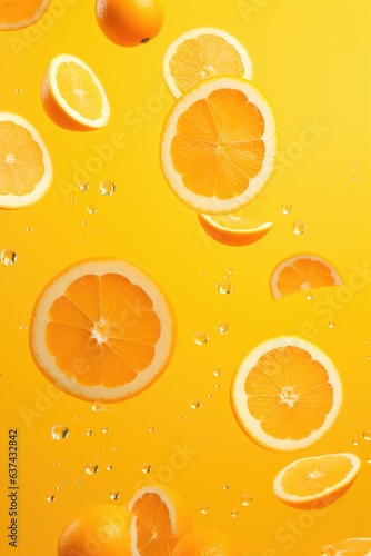 sliced flying orange isolated on yellow background. cut orange in pieces isolated on orange background, AI Generated