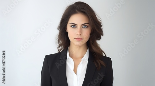 Portrait of young successful business woman looking at the camera shot. Studio light style compose. White background