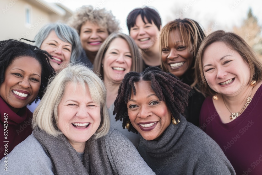 Fototapeta premium Euphoric Bonds: Diverse Group of Women Sharing Laughter, Joy, and Togetherness on a Sunny Outdoor Terrace