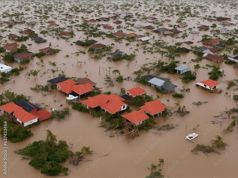 Fototapeta premium Paisaje de una ciudad arrasada por el agua y fuertes tormentas. Vista superior. IA Generativa. Concepto: Inundaciones