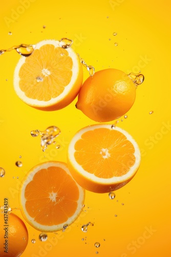 sliced flying orange isolated on yellow background. cut orange in pieces isolated on orange background  AI Generated