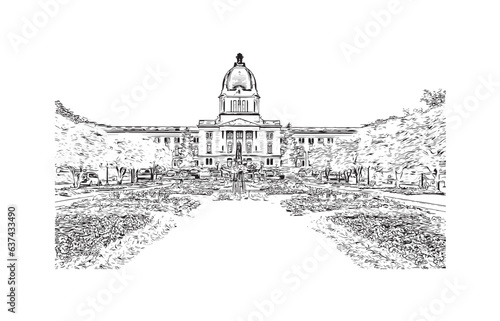Building view with landmark of Regina is the 
city in Canada.Hand drawn sketch illustration in vector.