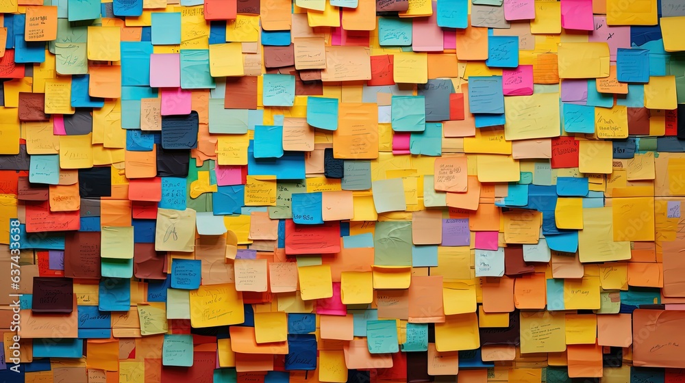 Colorful post it notes on a wall for use as a background - obrazy, fototapety, plakaty 