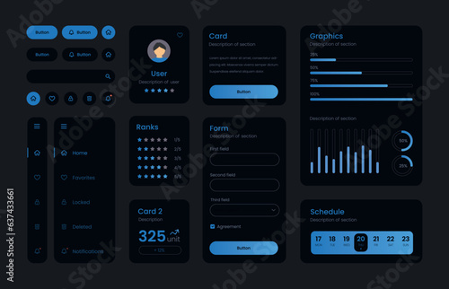 Dark Collection of gradient ui ux elements. Ux dashboard user panel template. User interface, experience. UI elements to book the app.