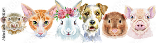 Border from watercolor portraits of dog, guinea pig, cat, mini pig, rabbit and rat