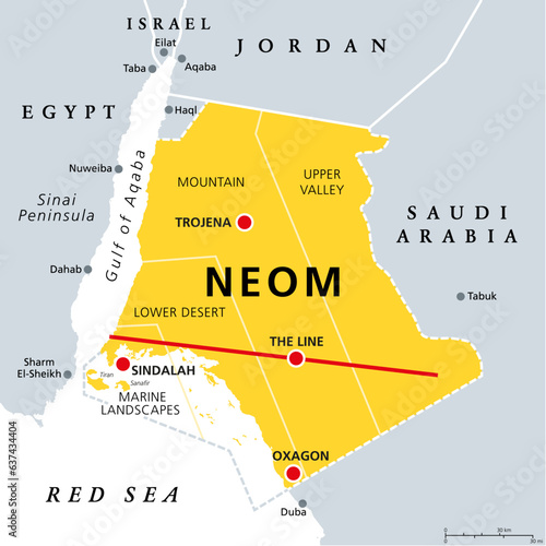 NEOM, regions and places, gray political map. Planned smart city in Saudi Arabia (Tabuk Province) with four regions. A floating industrial complex, global trade hub, tourist resorts and a linear city. photo
