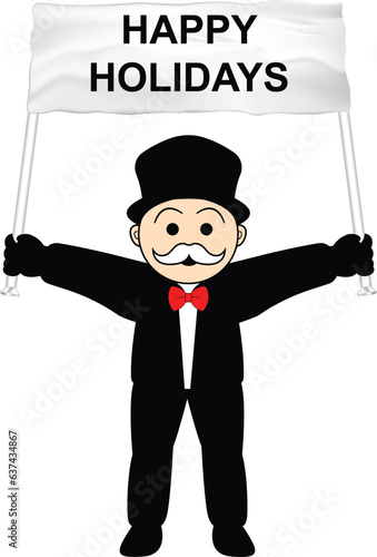 Mustache Uncle Monopoly Character celebrate Holiday with waving flag vector Illustration