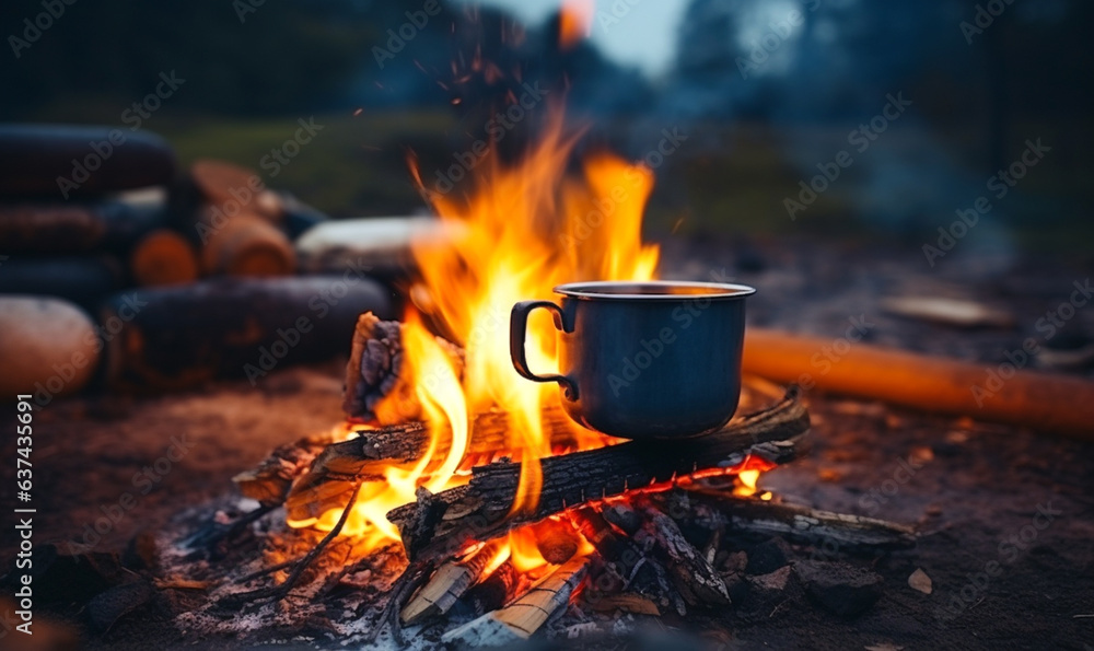 Becher mit heissen Kaffee am Lagerfeuer Becher mit heissen Kaffee am Lagerfeuer