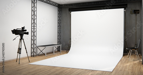 Studio room camera Modern Film Studio with blank white Screen.