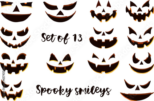 Vector set of halloween pumpkin spooky faces for jack lantern isolated on white background
