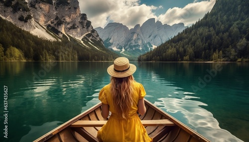 Young woman canoeing in the lake Bohinj on a summer day, background alps mountains