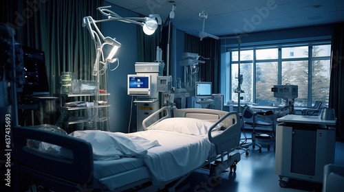 Generative AI, Recovery room with comfortable bed, medical interior, empty hospital room.