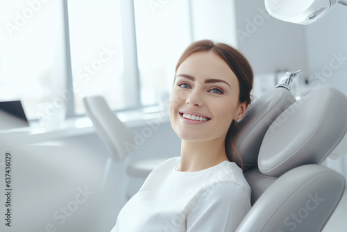 Emphasizing Dental Care and Treatment: A Young Woman with a Beautiful Smile Sitting Comfortably in a Dentist's Chair