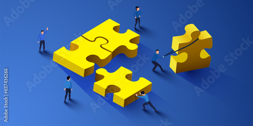 Group of people assemble jigsaw puzzle. Partnership concept.