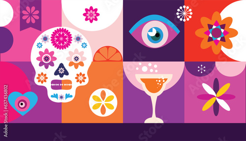 Dia de Los Muertos, Day of the Dead or Halloween  big  set elements. Sugar skulls , pepper, guitars, candle, papel picado, marigold flowers. Template   skeleton decoration. Vector illustration.