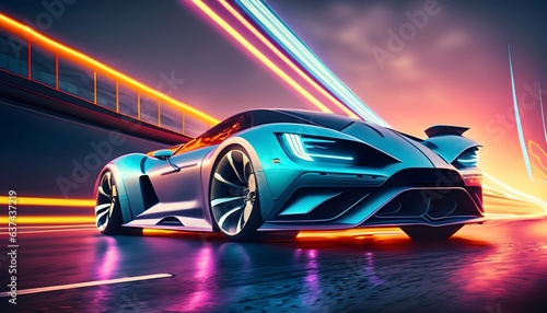 Wallpaper texture high-octane image of a futuristic sports car racing on a neon highway. Generateiv AI © Bilawl