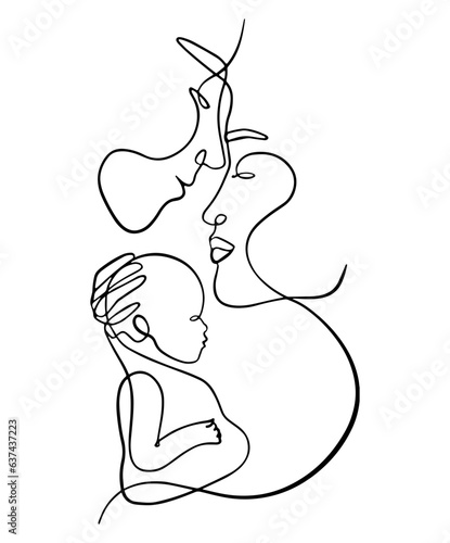 Vector illustration (sketch), one-line silhouette, no background (drawing) - dad and mom (parents, family) with a child in their arms. The emotion of love and happiness.