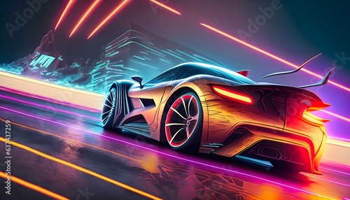 burning car in the night wallpaper texture futuristic sports car in motion on a neon highway, with the colorful lights creating dynamic light trails. Generateiv AI © Bilawl