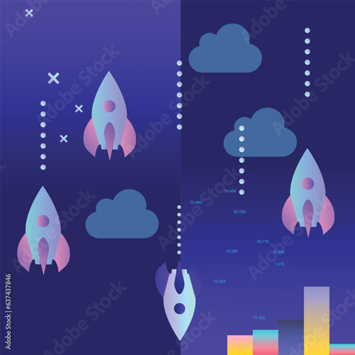 Space rockets, bar chart. Ups and downs. Clouds. Vector graphics. Background. Abstraction.