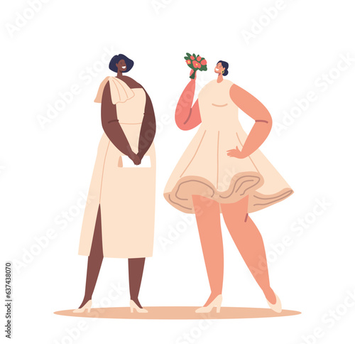 Two Brides Stand Side By Side, One In A Long, Elegant Gown And The Other In Short Modern Dress, Vector Illustration