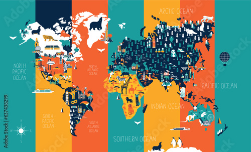 Photography Colored world map with cartoon animals and iconic buildings