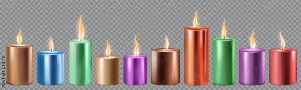 Set of burning candles in different sizes and colors, isolated on transparent background Set of burning candles in different sizes and colors, isolated on transparent background