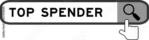 Search banner in word top spender with hand over magnifier icon on white background