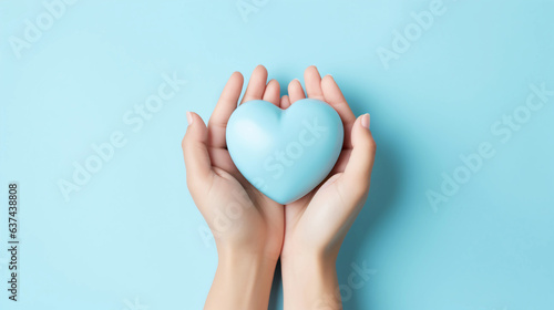 Woman hands holding blue heart, Happiness moment, Health care, wellness, donate and family insurance concept, World heart day, Health day, Hope, Gratitude, Kindness, Valentine's Day. Generative AI.