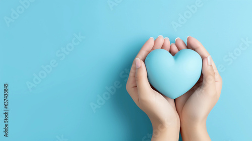 Woman hands holding blue heart, Happiness moment, Health care, wellness, donate and family insurance concept, World heart day, Health day, Hope, Gratitude, Kindness, Valentine's Day. Generative AI.