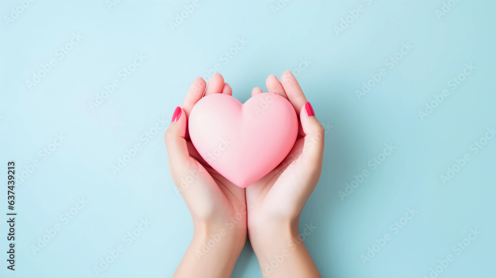 Woman hands holding pink heart, Happiness moment, Health care, wellness, donate and family insurance concept, World heart day, Health day, Hope, Gratitude, Kindness, Valentine's Day. Generative AI. Woman hands holding pink heart, Happiness moment, Health care, wellness, donate and family insurance concept, World heart day, Health day, Hope, Gratitude, Kindness, Valentine's Day. Generative AI.