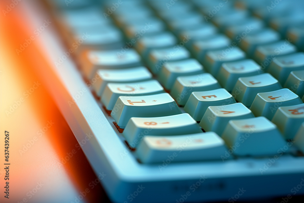 a light blue keyboard with blogs written on it, in the style of soft focal points