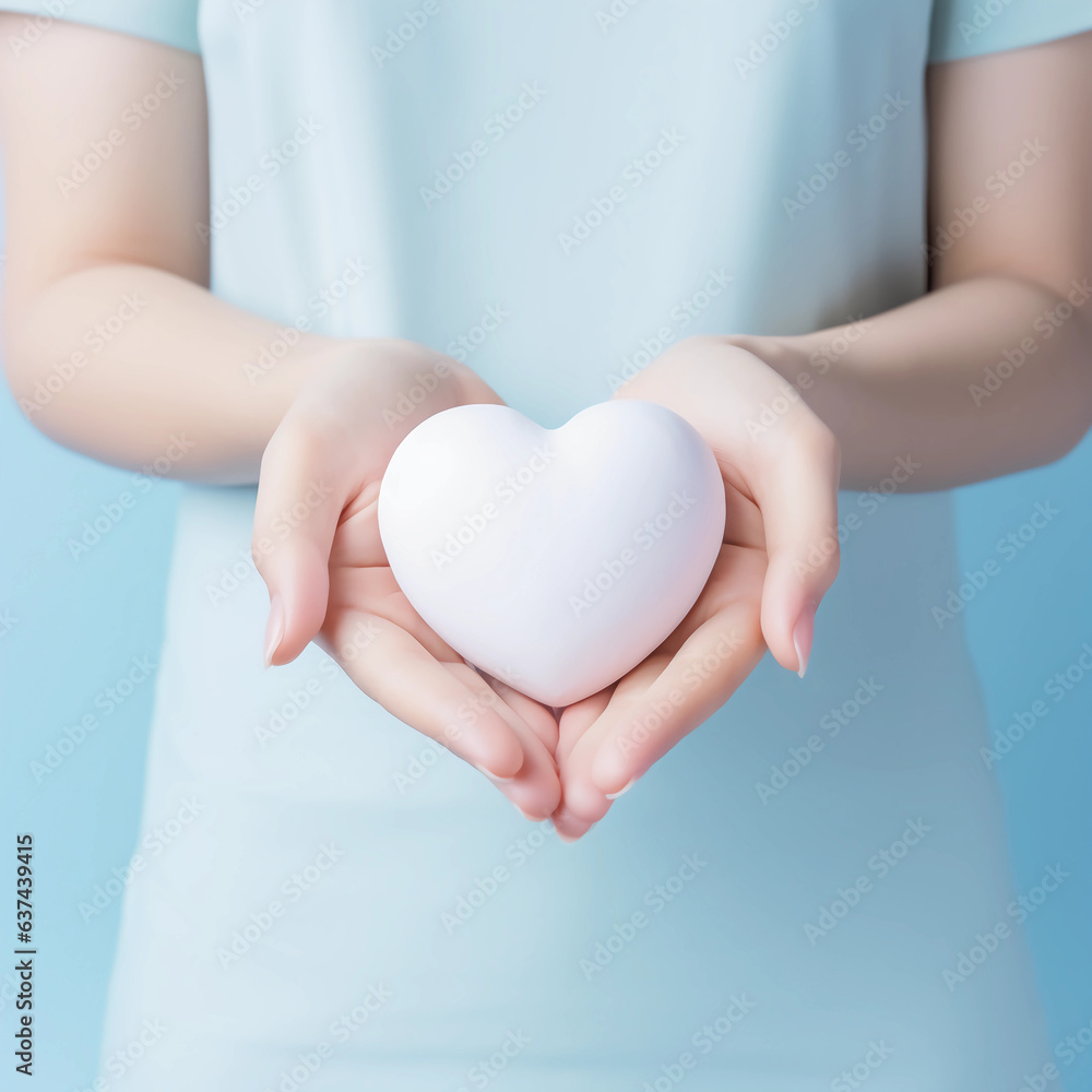 Woman hands holding white heart, Happiness moment, Health care, wellness, donate and family insurance concept, World heart day, Health day, Hope, Gratitude, Kindness, Valentine's Day. Generative AI. Woman hands holding white heart, Happiness moment, Health care, wellness, donate and family insurance concept, World heart day, Health day, Hope, Gratitude, Kindness, Valentine's Day. Generative AI.