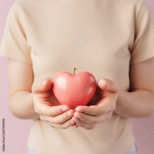 Woman hands holding apple heart, Happiness moment, Health care, wellness, donate and family insurance concept, World heart day, Health day, Hope, Gratitude, Kindness, Valentine\'s Day. Generative AI.