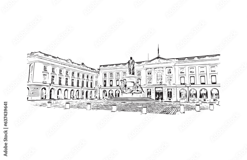 Building view with landmark of Reims is the city in France. Hand drawn sketch illustration in vector.