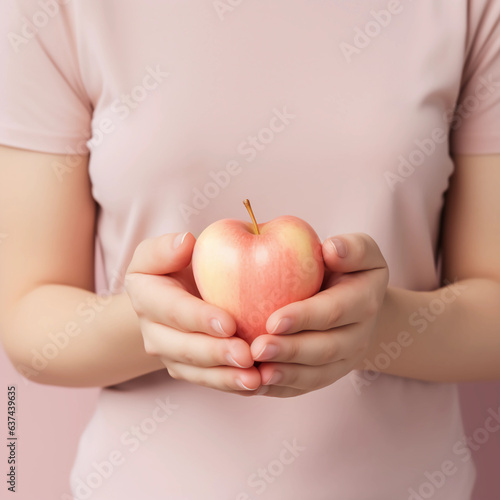 Woman hands holding apple heart, Happiness moment, Health care, wellness, donate and family insurance concept, World heart day, Health day, Hope, Gratitude, Kindness, Valentine\'s Day. Generative AI.