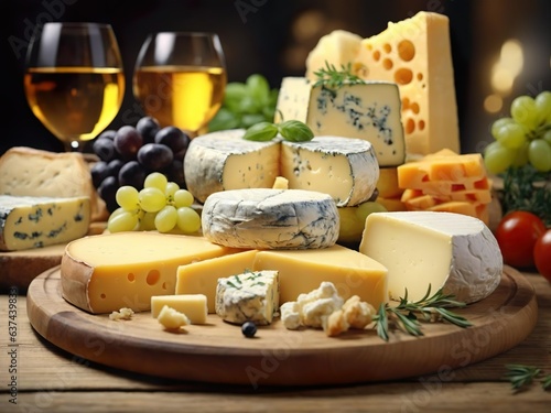 Wooden board with a variety of different varieties of cheese .Decorated with grapes, two glasses of white wine