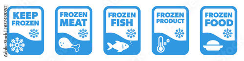 Vector labels for Frozen Products - Frozen Meat, Fish, Food. Keep Frozen sticker set.