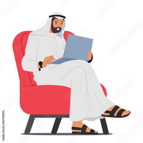 Focused Arab Muslim Businessman Character Engrossed In Laptop Work, Displaying Determination And Dedication